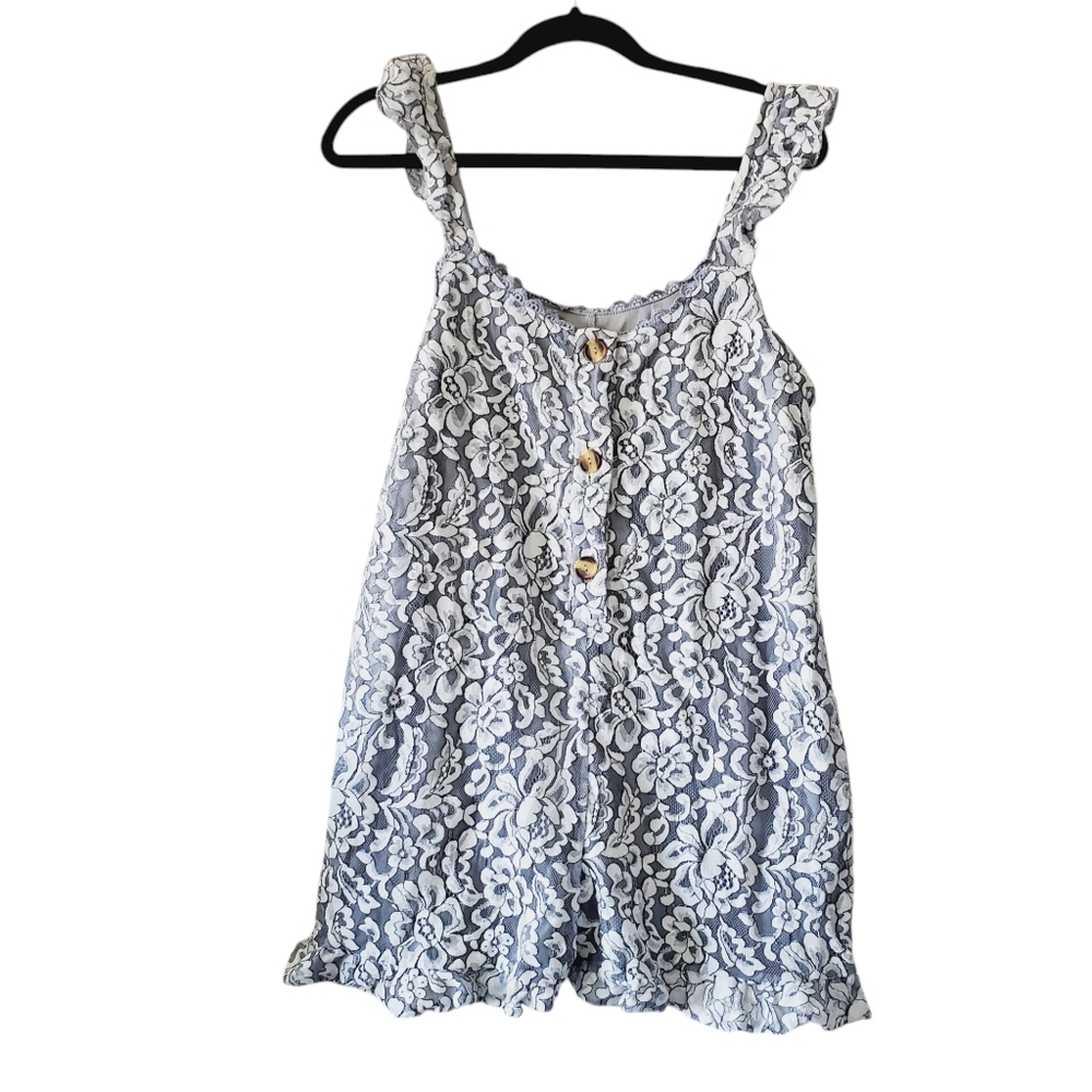Peach Love California Boho Coquette Lace Button Front Ruffle Hem Romper L
